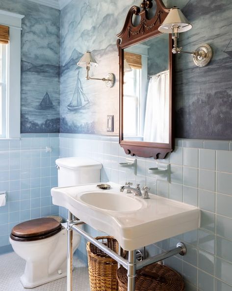 McKenzie Dove Blue Tile Bathroom Nautical Mural, Vintage Bathroom Inspiration, Vintage Tile Bathroom, 9 Foot Ceilings, Pastel Bathroom, Colorful Bathroom Tile, Vintage Bathroom Tile, Blue Bathroom Tile, Nautical Bathrooms