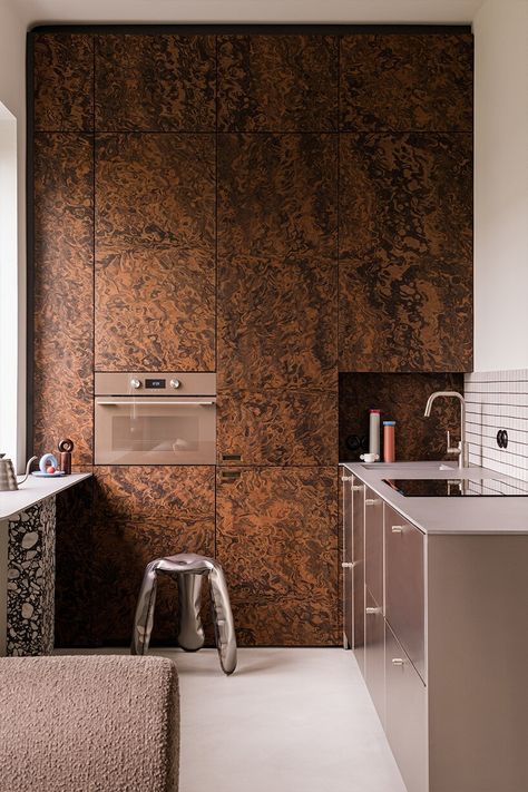 explore mistovia's memphis-style apartment in warsaw Postmodern Bathroom Design, Apartment Unit Design, Small Kitchen Living Room, Organic Modern Design, One Wall Kitchen, Pink Terrazzo, Style Apartment, Walnut Kitchen, Walnut Burl