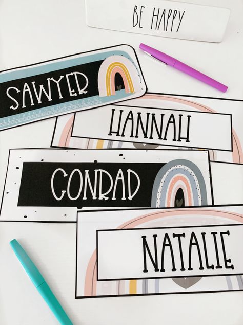 Rainbow Classroom Theme, Alphabet With Numbers, Editable Name Tags, Classroom Name Tags, Classroom Prep, Boho Rainbow Decor, Word Wall Headers, Desk Name Tags, Boho Rainbow Classroom