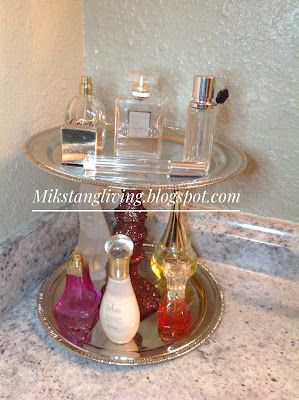 Short and Sassy: EASY DIY PERFUME DISPLAY Diy Perfume Display, Bathroom Vanity Area, Dollar Tree Makeup, Dollar Tree Candle Holders, Luxurious Perfume, Foam Paint, Perfume Display, Tall Candle Holders, Diy Perfume