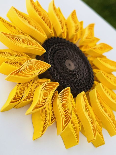 Excited to share this item from my #etsy shop: Framed Quilling Sunflower Art -Sunflower office art - Quilling Paper Art- Paper quilling gifts Quilling Shadow Box Wall Art, Quilling Sunflower, Quilling Art Unique, Quilled Sunflowers, Quilling Gifts, Sunflower Paper Craft, Quiling Paper Art, Quilling Design, Diy Quilling Crafts