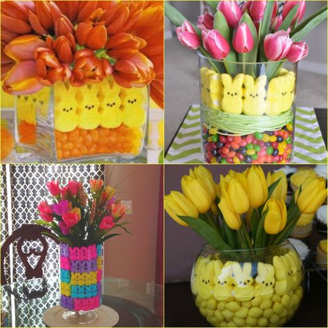 Easter Centerpieces with Peeps and Potted Bulbs Potted Bulbs, Craft Spring, Diy Osterschmuck, Easter Flower Arrangements, Kids Help, Easter Decorations Dollar Store, Easter Flowers, Wreaths Diy, Easter Centerpieces