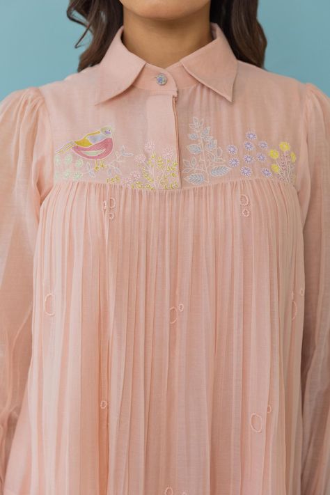 Buy Khamaj India Peach Miren Yoke Embroidered Dress With Inner Online | Aza Fashions Embroidery On Peach Color, Peach Color Shirt, Frilled Dress, Stitch Dress, Thread Dress, Floral Tshirt, Cotton Frocks, Satin Fashion, Frock Patterns