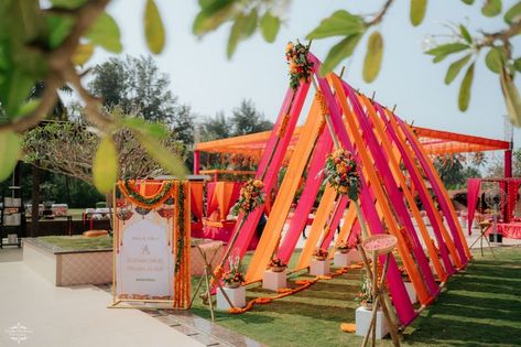 Photo from Abha and Aditya Wedding Haldi Pathway Decor, Haldi Passage Decor, Shaadi Stage Decor, Maharashtrian Wedding Decoration, Sangeet Ceremony Decorations, Mehendi Entrance Decor, Outdoor Mehendi Decor Ideas, Haldi Entrance Decor, Orange Theme Wedding