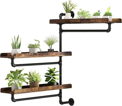 PQWJWX Window Plant Shelves, Industrial Pipe Swivel Shelving Floating Stand With More Space for Large Plant Holder Rustic Wall Mount (Burlywood 3 Layer) Floating Shelves For Plants, Window Plant Shelves, Shelves For Plants, Window Shelf For Plants, Window Plant Shelf, Waterproof Wood, Window Shelves, Bedroom Drawing, Window Plants