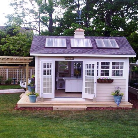 Solar garden shed Shed Conversion Ideas, White Shed, Cottage Backyard, Shed Office, Craft Shed, Studio Shed, Backyard Studio, Backyard Office, Tiny Cottage