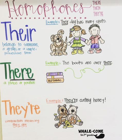 Homophones Anchor Chart: There, Their, They're #homophones Homophones Anchor Chart, Their There They're, There Their They're, Primary Writing, 5th Grade Writing, Grammar For Kids, Classroom Needs, Classroom Anchor Charts, Phonics Rules