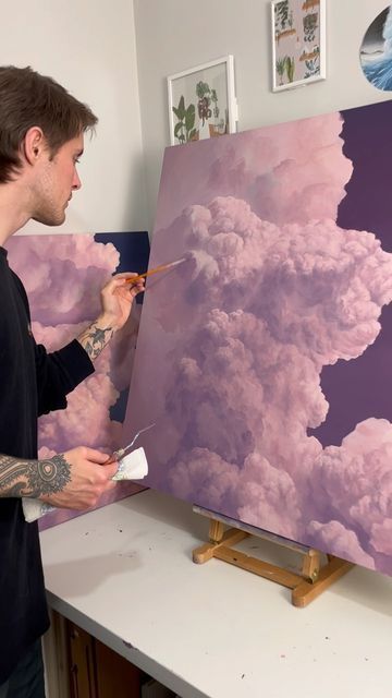 Two Piece Art Canvases, Tyndall Effect Painting, Purple Cloud Painting, Moody Cloud Painting, Colorful Clouds Painting, Big Painting Ideas Canvases, Cool Acrylic Paintings, Painting Clouds Acrylic, Large Painting Ideas