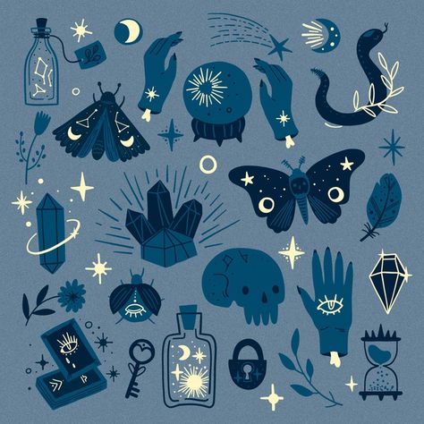 Magic Symbols, Magic Aesthetic, Witch Aesthetic, Witch Art, Art Et Illustration, Art And Illustration, 로고 디자인, Shades Of Blue, Art Inspo