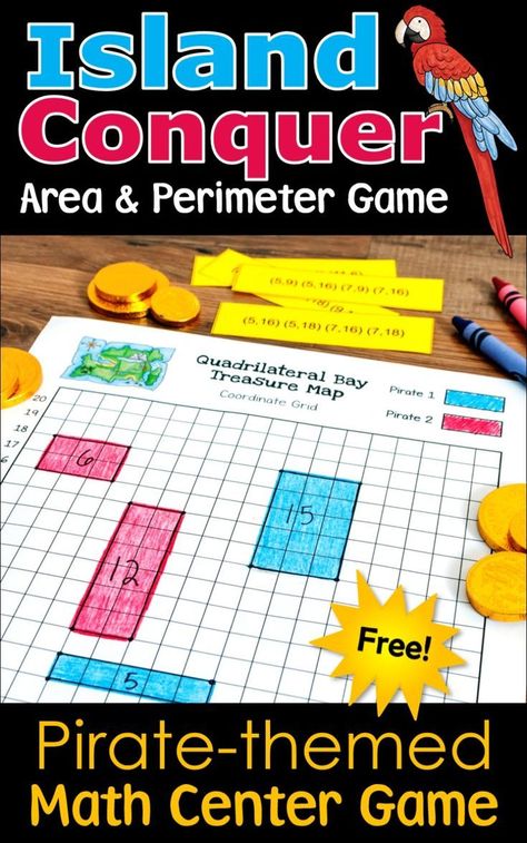 Kids love playing Island Conquer, a free pirate-themed math center game for practicing area and perimeter. Click over to Laura Candler's blog to download this freebie now! #mathgames #areaandperimeter Area Math Activities, Area And Perimeter Games, Perimeter Games, Geometry Math Games, Elementary Games, Math Center Games, Area And Perimeter, Math Measurement, Third Grade Classroom