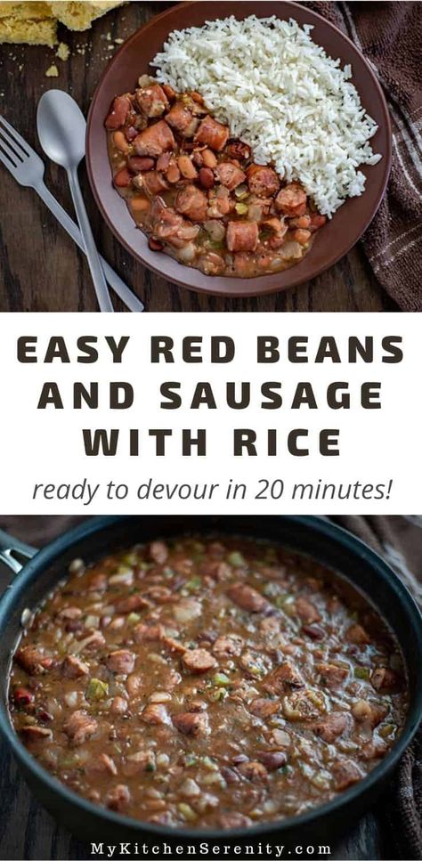 This quick and easy red beans and rice recipe is thick and creamy with all the flavors of New Orleans everyone loves. This recipe is ready to eat in under 30 minutes, making it a perfect weeknight meal!  Creamy creole red beans, smoked sausage, cajun seasoning, and trinity simmered together & served over hot cooked rice.