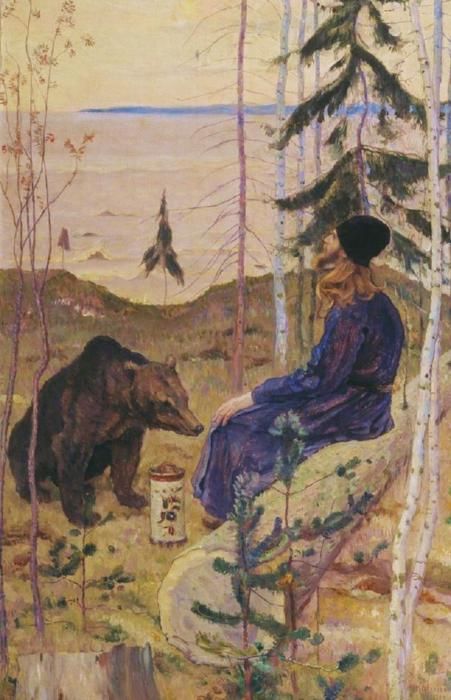 A Hermit with a Bear, 1925 Mikhail Nesterov Mikhail Nesterov, National Art Museum, Maurice Denis, Pre Raphaelite Art, Russian Painting, Russian Artists, Russian Art, Gustav Klimt, Religious Art