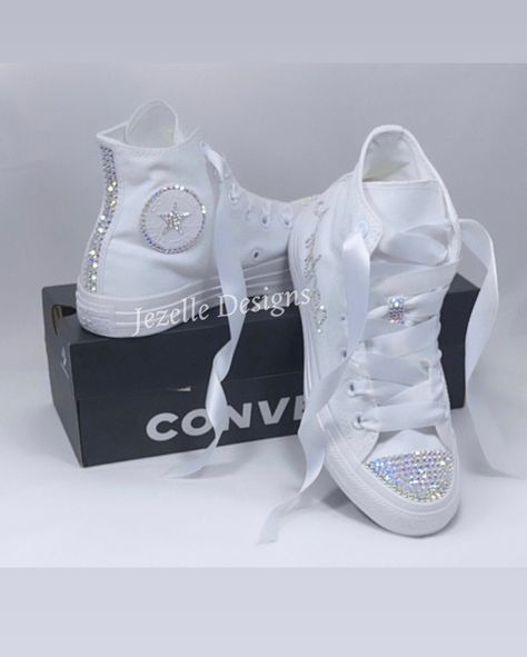 Bling Converse!  For Your SPECIAL DAY and EVERY DAY after! Style: CONVERSE CHUCK TAYLOR ALL STAR MONO GLAM HIGH TOP in all white, canvas. *Also available in leather Sizes: Listed in Women's sizes! Don't be fooled by imitations. People often refer to these as Rhinestone Bridal Shoes but they are so much more than that!  They are custom jeweled with the finest crystals on the market - SWAROVSKI CRYSTAL ELEMENTS!   💎   Approximately 600 crystals per pair, these shoes Shine like DIAMONDS! Just LOOK Converse Quinceanera Shoes, Quince Converse, Bedazzled Converse, Sparkle Converse, Personalized Converse, Rhinestone Converse, Bridal Converse, Converse Wedding Shoes, Converse Hi