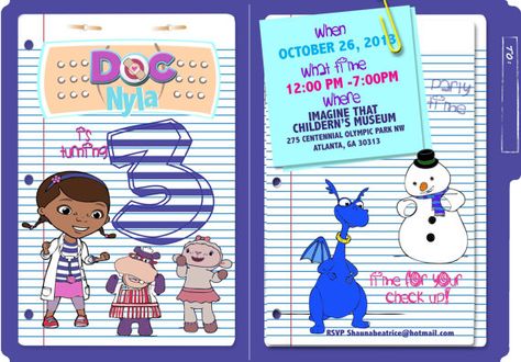 Doc Mcstuffin Birthday Invitations Printed by Cre8tiveMoi on Etsy, $60.00 Doc Mcstuffin, Doc Mcstuffins Birthday Party, Doc Mcstuffins Party, Doc Mcstuffins Birthday, Lego Birthday Party, Creative Invitations, The Invitation, Doc Mcstuffins, Singing Happy Birthday