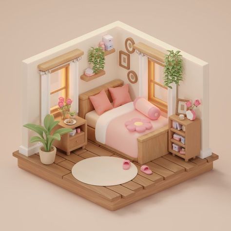 Blender Models, 3d Interior Design, Isometric Art, Isometric Design, Pink Bedroom, 3d Modelling, Sims 4 Houses, Sims House, Blender 3d