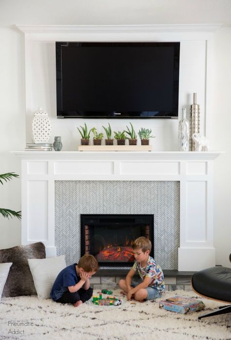 Renter-Friendly Movable Faux Fireplace with TV over the Mantel Mcgee Fireplace, Tv Above The Fireplace, Fireplace With Tv Above, Faux Foyer, Fireplace With Tv, Fireplace And Tv, Tv Above Fireplace, Above The Fireplace, Tv Over Fireplace