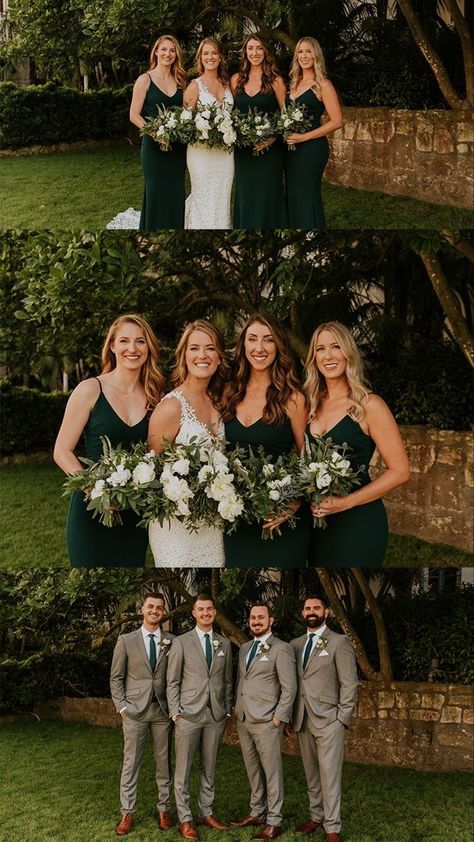 Bridal Party In Green, Forest Green Summer Wedding, Dark Green And Beige Wedding, Emerald And Brown Wedding, Dark Green Summer Wedding, Emerald Green And Tan Wedding, Forest Green Wedding Party, Green Wedding Party Attire, Dark Green Bridal Party