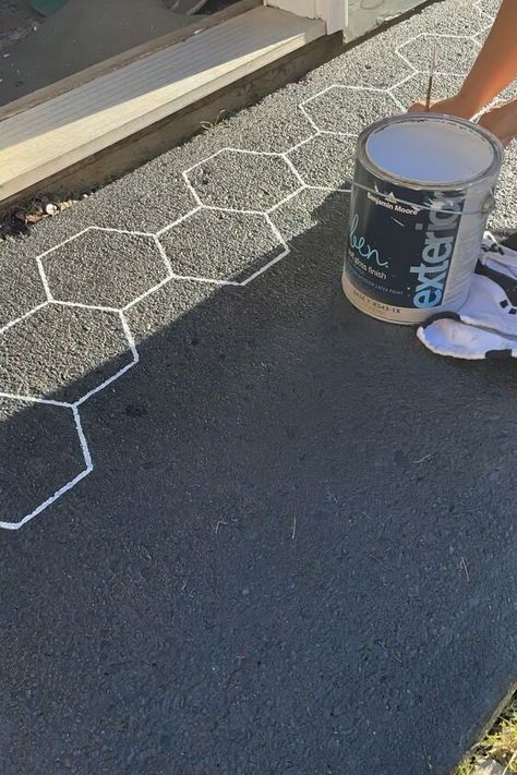 Want the look of tile without the price? Try this homemade stencil to create a stunning faux tile! Here's the video version of what I did! Before painting this concrete step, I used my CRAFTSMAN Pressure washer to give it a really good clean. This is important because if you are painting on any dirt then it will wear off quickly.Let dry completely before painting. I used Benjamin Moore Porch and Patio paint to paint it solid black. Whatever paint you use, make sure it is for exte… Painted Concrete Porch Stencils, Black Concrete Porch, Painted Rugs On Concrete, Porch And Patio Paint, Patio Paint, Homemade Stencils, Concrete Step, Painted Concrete Steps, Porch And Patio