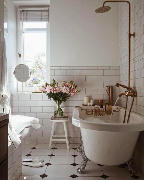 Soaking Tub Shower Combo, Cottage Showers, Bathtub Shower Combo, Cottage Bathroom Ideas, Shower Over Bath, Victorian Bathroom, Cottage Bathroom, Upstairs Bathrooms, Tub Shower Combo