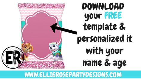 SKYE & EVEREST PAW PATROL CHIP BAG PRINTABLE | Free Template Included | ellierosepartydesigns.com Paw Patrol Chip Bag Template Free, Free Chip Bag Printables, Chip Bag Template Free Printable, Paw Patrol Printables Free, Skye Paw Patrol Party, Paw Patrol Favors, Paw Patrol Skye Birthday, Chip Bag Printable, Skye And Everest