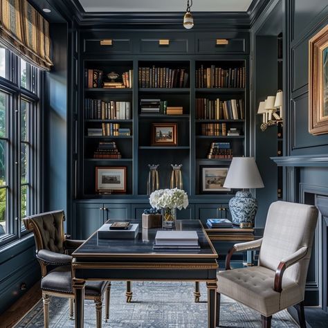 Hague Blue Office, Monochromatic Built Ins, Inchyra Blue Office, Dark Color Office, Moody Blue Home Office, Modern Equestrian Interior Design, All Blue Room, Den Inspiration Room Ideas, Unique Home Office