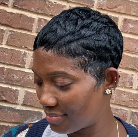 Pixie Haircut Thinning Hair, Short Pixie Black Women, Super Short Hair Black Women, Very Short Pixie Haircut Black Women, Pixie Hairstyles For Black Women, Black Pixie Haircut, Pixie Cut Straight, Pixie Haircut For Black Women, Finger Waves Short Hair