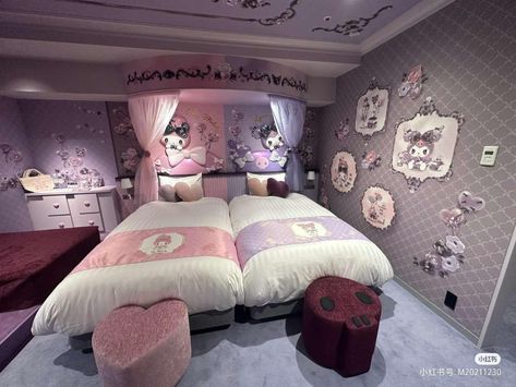 My melody room, Kuromi room Kuromi Bedroom, Hello Kitty Flowers, Sanrio Bedroom, Kuromi Room, Dorm Room Wall Decor, Purple Bedrooms, Dorm Room Walls, Bedroom Upgrade, Hello Kitty Kuromi