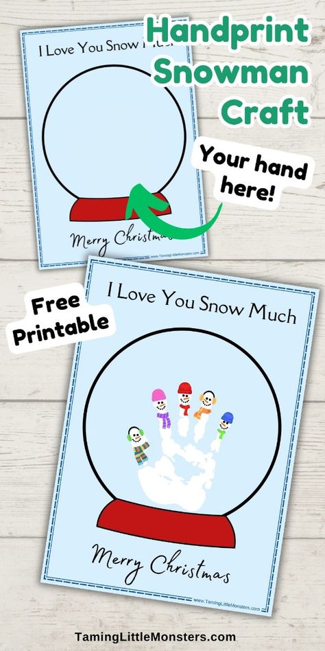 Looking for a winter craft that’s toddler-friendly? Try this cute snowman handprint project! Download the free printable template and spend some quality time with your little one today. Preschool Keepsake Christmas Crafts, White Handprint Craft, Year 1 Christmas Craft, Snow Globe Snowman, Christmas Gift Ideas For Parents From Preschoolers, Christmas Book Crafts For Kids, Winter Classroom Decorations Preschool, Handprint Snowglobe, Snowman Projects For Kids