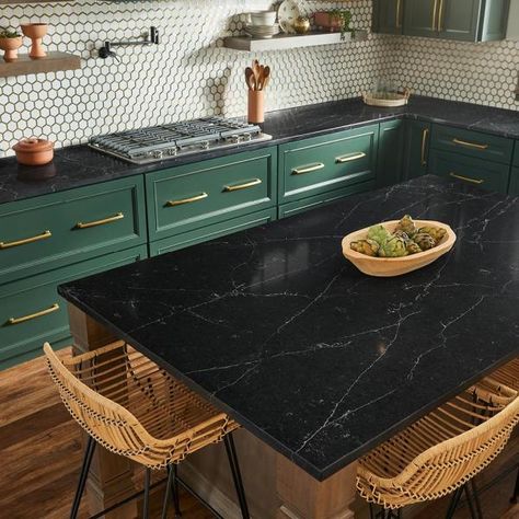 Viatera Quartz Countertops, Black Quartz Countertops, Quartz Countertop, Black Quartz, Kitchen Reno, Green Kitchen, Renovation Ideas, Quartz Countertops, Small Kitchen