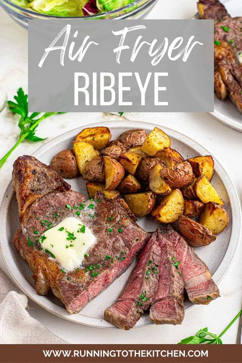 Cooking ribeye steaks in the air fryer is a game-changer for enjoying a tender, juicy and flavorful dinner in just minutes. Cooked to medium-rare perfection and seasoned simply, these air fryer ribeyes need nothing more than a pat of butter and sprinkling of parsley to serve. Steaks In Air Fryer, Air Fryer Ribeye Steak, Air Fryer Ribeye, Oven Steak Recipes, Expensive Steak, Rib Eye Recipes, Cooking Ribeye Steak, Flavorful Dinner, Paleo Recipes Dessert