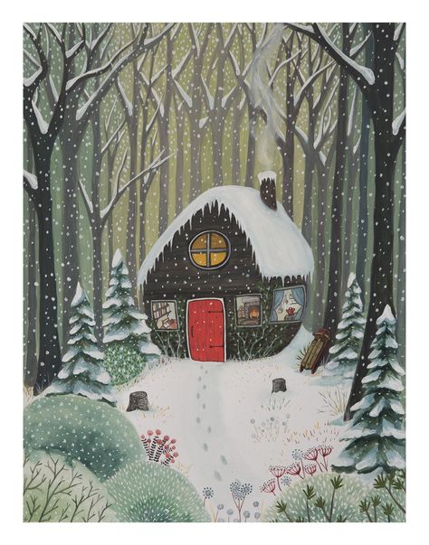 11 x 14 in fine art print of original gouache painting on high quality Ultra smooth Fine Art 285gms 100% cotton 100% archival paper Winter Still Life Painting, Winter Cozy Illustration, Winter Cabin Painting, Winter House Aesthetic, Snowy Cottage, Winter Art Aesthetic, Winter Houses, Winter Illustration Art, Winter Scene