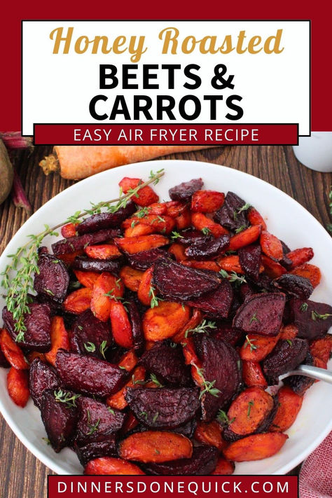 Craving a delicious and healthy side dish? This Honey Roasted Beets & Carrots recipe is made super simple in the air fryer! The natural sweetness of the honey perfectly complements the earthy beets and carrots, creating a crispy, flavorful bite in every piece. With minimal ingredients and just a few minutes of prep, this vibrant dish is perfect for any meal! It's gluten-free, vegetarian, and downright irresistible! #AirFryerVeggies #HoneyRoastedBeets #AirFryerRecipes #VegetarianAirFryer Air Fryer Roasted Beets And Carrots, Beet Recipes Air Fryer, Air Fryer Beets And Carrots, Beets Carrots Recipe, Honey Roasted Beets And Carrots, Air Fryer Beets Roasted, Air Fryer Beets, Air Fryer Carrots Recipe, Honey Roasted Beets