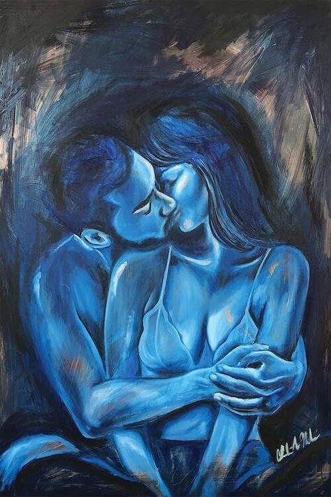 Romance Arte, Art Amour, Romance Art, Soyut Sanat Tabloları, Romantic Art, Beginner Painting, Arte Fantasy, Two People, Blue Paint