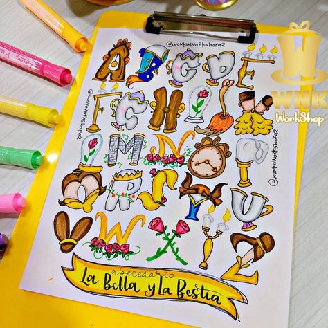 2,537 Me gusta, 25 comentarios - W N K (@wonkaworkshop92) en Instagram: "💛⭐LA BELLA Y LA BESTIA⭐💛en un abecedario y las letras quedaron súper lindas, amamos a esta princesa…" Hand Lettering Alphabet Fonts, Art Room Posters, Name Drawings, Disney Alphabet, Vw Art, Alfabet Letters, Tattoo Lettering Fonts, Hand Lettering Art, Scrapbook Book