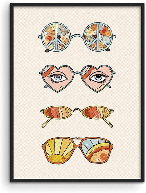 Modern Hippie Decor, Retro Posters For Room, Groovy Sunglasses, Indie Posters, Aesthetic Trippy, Sunglasses Art, Teen Girls Room, Haus And Hues, Trippy Posters