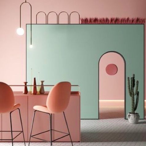 Memphis Design Pattern, Modern Hotel Lobby, Colorful Interior Design, Memphis Design, Home Luxury, Sideboard Designs, Dining Room Inspiration, Pink Interior, Design Living