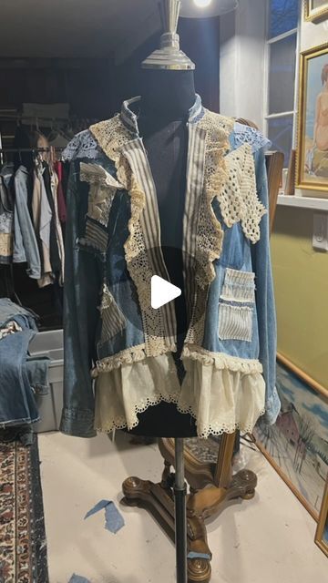 Heather on Instagram: "I had this idea to take this vintage 1980’s denim button up shirt and make it into something different and unique! I used lots of old lace and scrap fabric. Some old doilies and a quilt block for the back. I took off the pockets and added new ones. I couldn’t decide on if I should add lace to the cuffs or not. It’s fun and definitely unique! #upcycledclothing #vintageupcycleclothing #remakevintageclothes #shabbychicclothing #vintagelace #vintagefabric #clothingupcycle #denimshirtremake" Upcycle Clothes Diy Refashioning, Shirt Makeover, Clothing Upcycle, Reworked Denim, Shabby Chic Clothes, Upcycle Clothes Diy, Scrap Fabric, Something Different, Upcycled Vintage