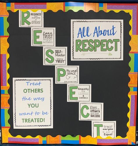 Discipline Bulletin Board Ideas, Display Board Design For School, Peer Support Bulletin Board, Respect Bulletin Board Ideas, Responsibility Bulletin Board Ideas, Respect Classroom Display, Student Of The Month Bulletin Board, Moral Values Chart In Classroom, Bulletin Board On Respect