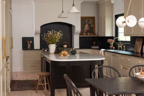 Spanish Revival Decor, Birmingham House, Whittney Parkinson Design, Whittney Parkinson, Kitchen With Open Shelving, All Black Kitchen, Beige Kitchen Cabinets, Spanish Style Kitchen, Beige Kitchen