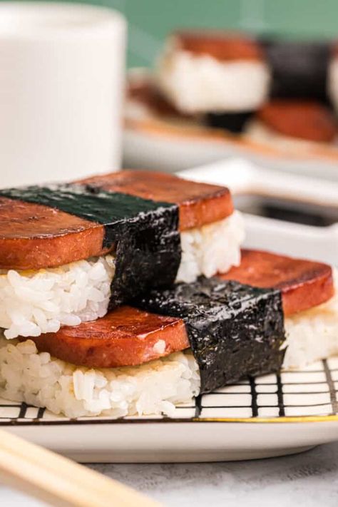 Spam Musubi - The Suburban Soapbox Nori Recipe, Spam Musubi Recipe, Musubi Recipe, Hawaiian Snacks, Spam Can, Luau Food, Spam Musubi, Low Sodium Soy Sauce, Asian Flavors