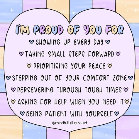 I’m proud of you for: 🩵 Showing up every day 💜 Taking small steps forward 💛 Prioritising your peace 🩵 Stepping out of your comfort zone 💜 Persevering through tough times 💛 Asking for help when you need it 🩵 Being patient with yourself You’re doing an amazing job! Keep showing up, keep moving forward, and don’t forget to celebrate the little victories along the way. You’ve come so far, and there’s so much more to look forward to. Keep going—you’ve got this! 🌟 Tag someone who makes you p... Get Up And Keep Going Quotes, Quotes About Asking For Help, You’re Doing Great, Positive Quotes For Work Encouragement, You’ve Got This, Quotes To Help You Through Hard Times, Keep Things To Yourself, Ava Quotes, Mh Quotes