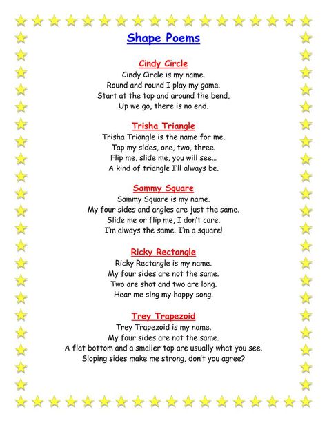 preschool geometric shapes | Geometry Shape Poems Shapes Poem Kindergarten, Building Poems Preschool, Shapes Songs Preschool, Shape Songs Preschool, Manners Preschool, Math Poems, Calendar Songs, Math Shapes, Preschool Poems