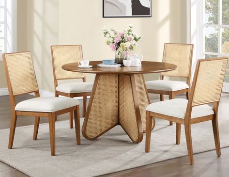 Ayrabella 5 - Piece Pedestal Dining Set Round Dining Table With Rattan Chairs, Dining Table With Rattan Chairs, Rattan Chairs Dining Table, Rattan Chairs Dining, Butterfly Dining Table, Brown Dining Table, Taupe Colour, Wood Side Chair, Rattan Chairs