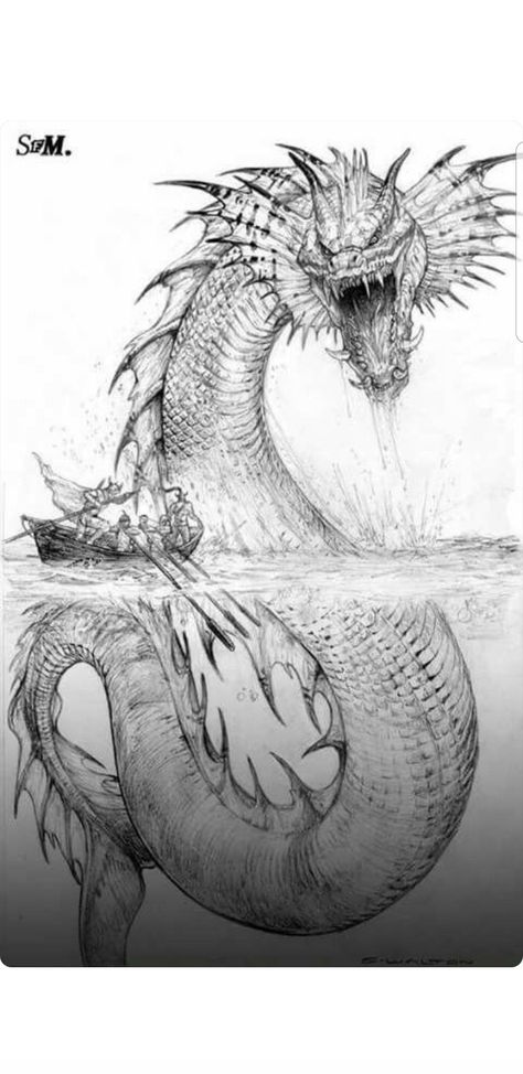 Ocean Monster Drawing, Leviathan Monster Sea Dragon, Mythical Creature Drawings Sketches, Sea Monster Tattoo, Sea Dragon Leviathan, Monster Collage, Scary Sea Creatures, Pegasus Drawing, Fire Sketch