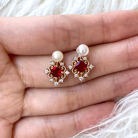 Valentines romantic vibes❤️ Pearl And Ruby Earrings, Ruby And Pearl Earrings, Pearl Earrings Studs Classy, Ruby Earrings Gold, Stone Earrings Studs, Real Pearl Earrings, Antique Gold Earrings, Simple Jewellery, Earring Stack