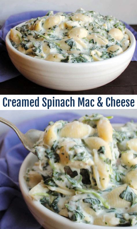 This yummy mac and cheese recipe is super creamy and cheesy. Plus it has spinach mixed in to balance it all out. It is a perfect accompaniment to almost any entrée. Just imagine how good it will look on your dinner plate. Mac And Cheese With Spinach, Creamed Spinach Mac And Cheese, Spinach Macaroni And Cheese, Spinach And Cream Cheese Recipes, Creamed Spinach Pasta, Yummy Mac And Cheese, Healthy Creamed Spinach, Sunday Pasta, Prep Dinners