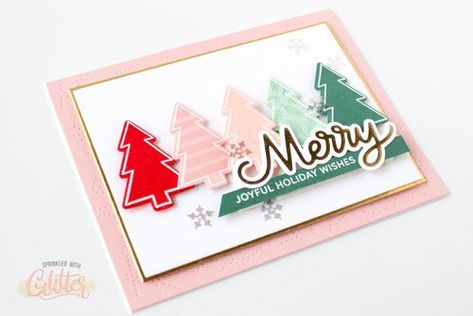 Pink Christmas Cards, Card Making Video Tutorials, Stamped Christmas Cards, Holiday Sprinkles, Scrapbooking Paper Crafts, Card Making Videos, Tree Stamp, Pretty Pink Posh, Christmas Stamps