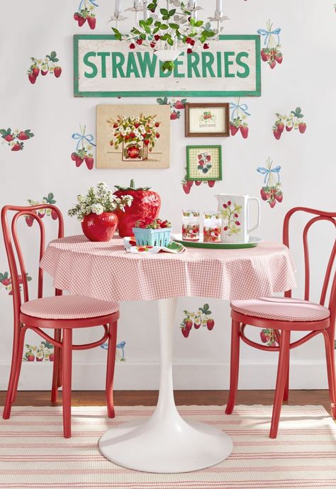 Spring Theme Party, Chalk Paint Chairs, Bountiful Baskets, Backsplash Wallpaper, Strawberry Kitchen, Vintage Style Wallpaper, Strawberry Decorations, Bright Wallpaper, Diy Wallpaper