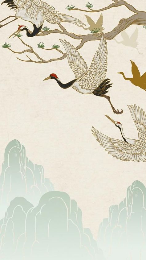 Crane Wallpaper Iphone, Japanese Illustration Wallpaper, Japanese Painting Wallpaper, Korean Art Wallpaper, Chinese Art Wallpaper, Japanese Crane Wallpaper, Fish Iphone Wallpaper, Japanese Pattern Wallpaper, Iphone Wallpaper Japanese