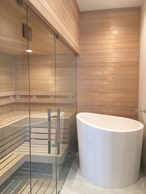 Large Home Sauna, Home Sauna Steam Room, Sauna With Glass Wall, Plunge Tub Bathroom, Bathroom With Cold Plunge, In Home Wellness Room, Home Cold Plunge And Sauna, Spa Cold Plunge, Home Sauna In Bathroom